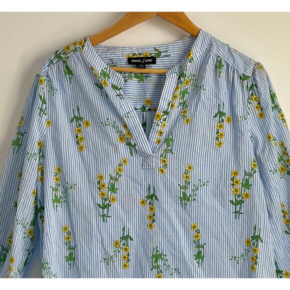 NAUTICA Jeans Floral Blue Stripes Top Blouse Large 3/4 Sleeve Office Preppy - Picture 8 of 13